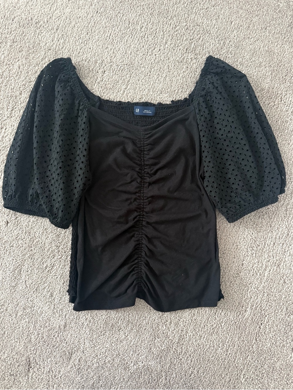 GAP Black Puff-Sleeve Ruched Square-Neck Crop Top